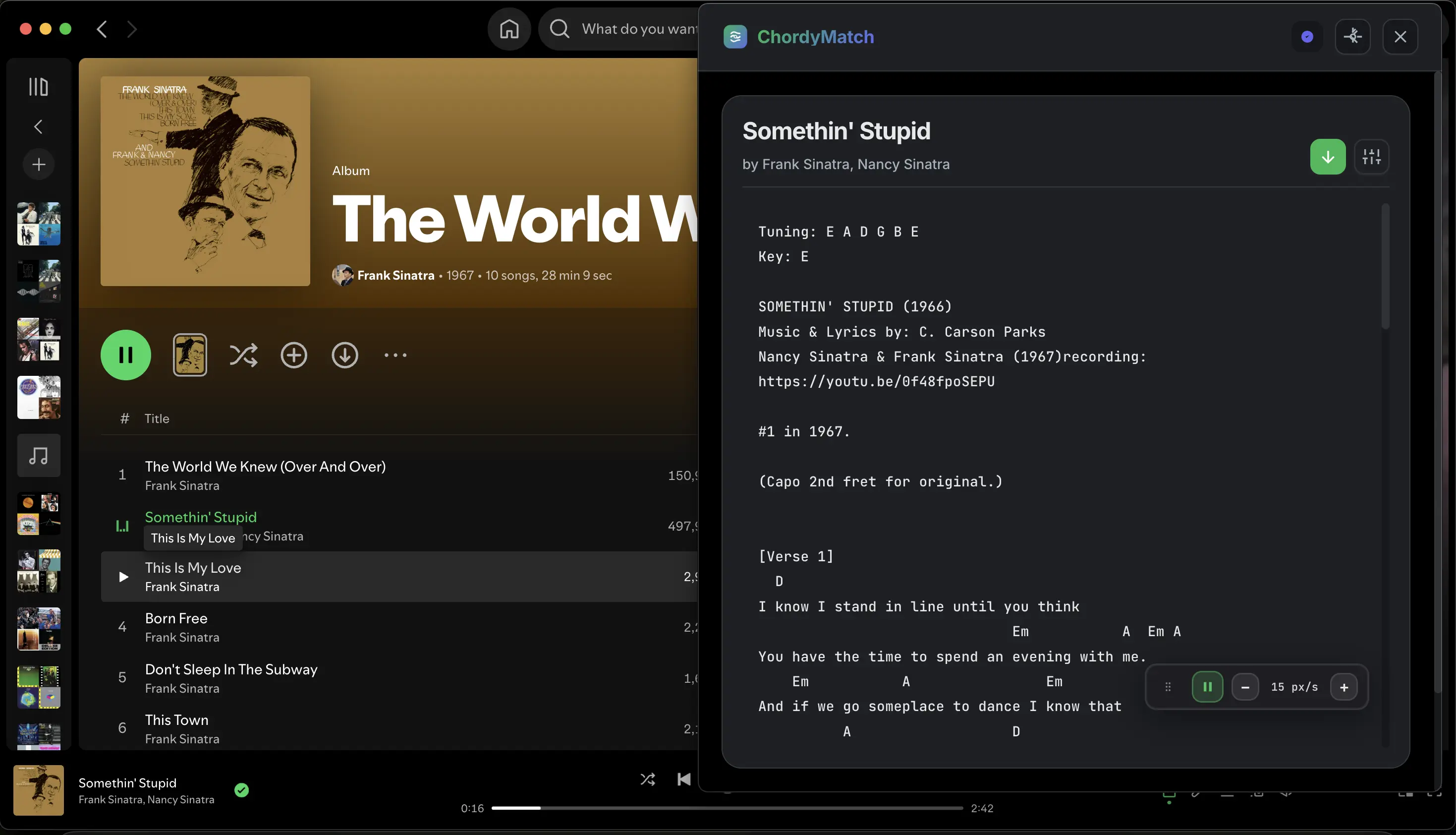 ChordyMatch showing guitar chords for Spotify songs in real-time