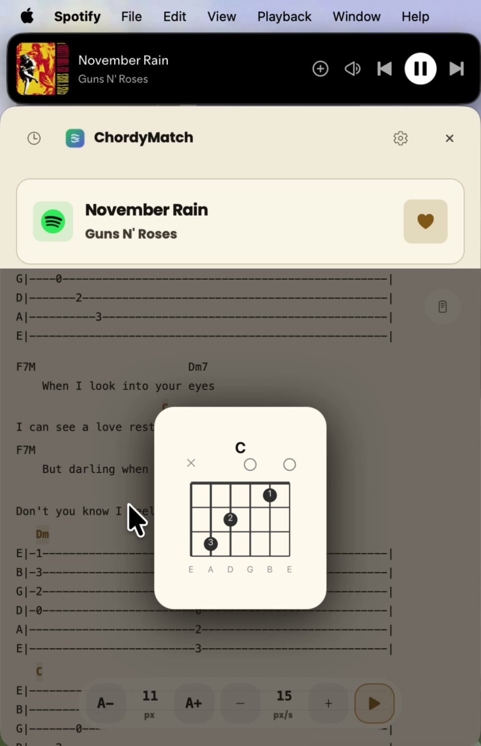 Captura del demo de ChordyMatch mostrando acordes en macOS